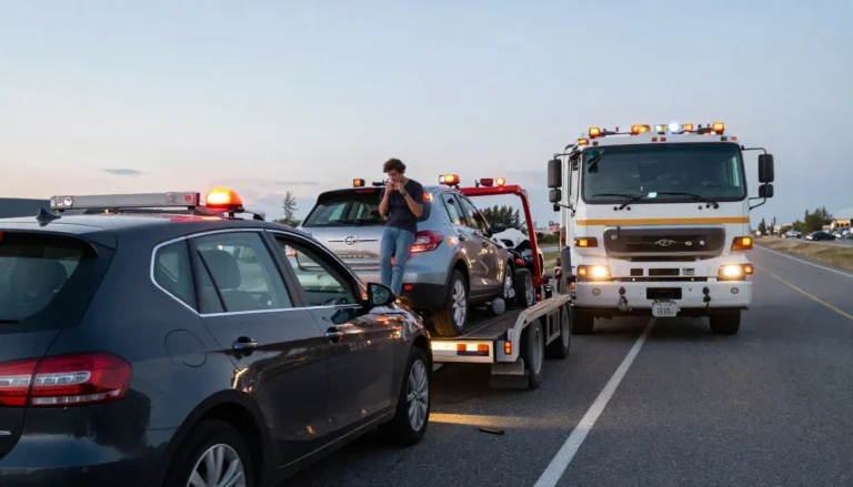 Tow trucks assisting a disabled car on a roadside at dusk