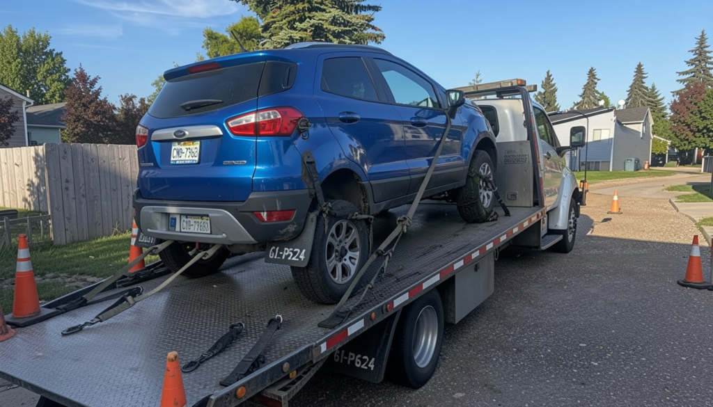 Blue Ford EcoSport secured on a flatbed tow truck with traffic cones